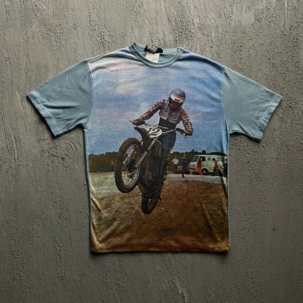 Vintage Double Decker Shirt Small Blue 1970s Motocross Dirt Bike All Over Print